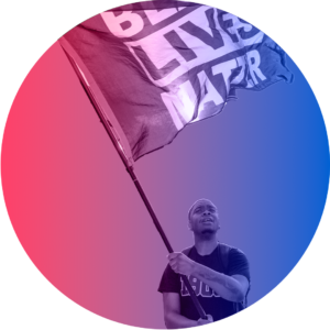 Black man waves Black Lives Matter flag set against pink-blue gradient.