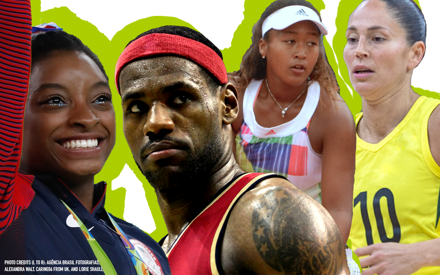 Various athletes including Simone Biles, Alan Iverson, Naomi Osaka, and a WNBA player