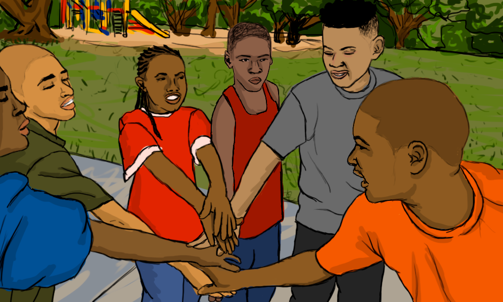 Young brown and Black children in a circle putting their hands together in the middle of the circle
