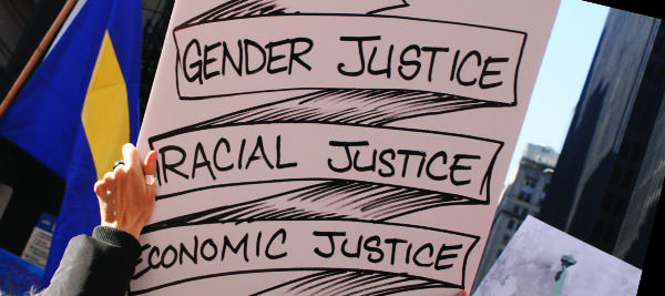 Image that reads gender justice, racial justice, economic justice