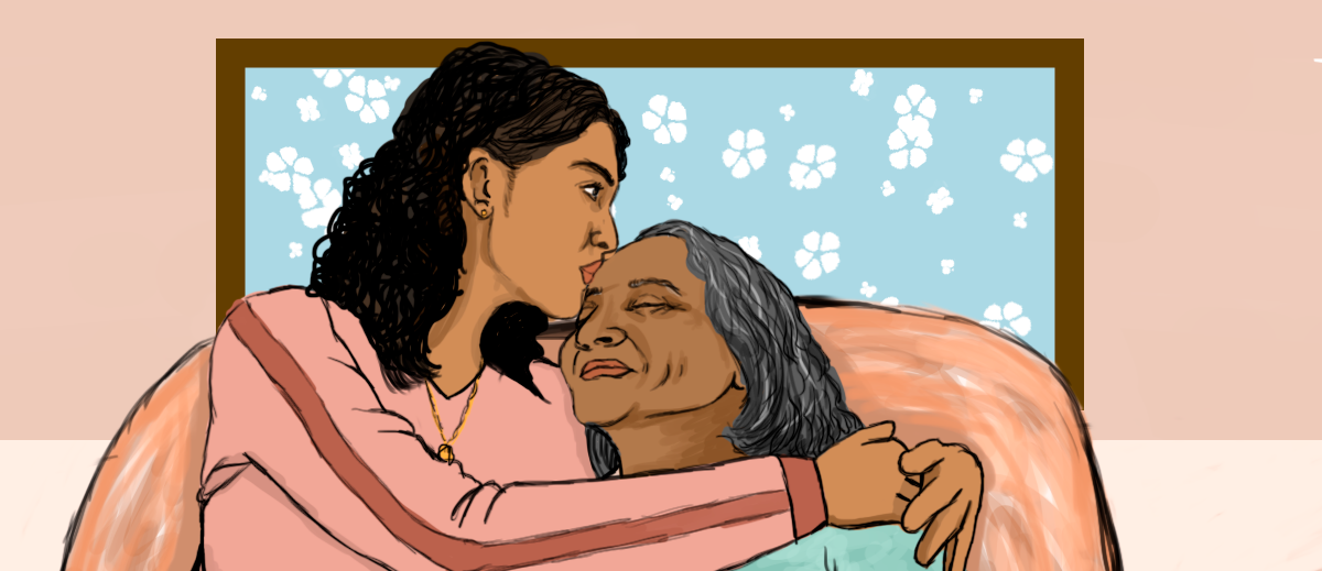 Daughter hugging elderly mother