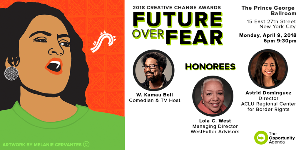 A promotional image of the 2018 Creative Change Awards honoring W. Kamau Bell, Astrid Dominguez, and Lola C. West